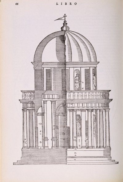 木星の固定子の寺院の標高と断面図、パラディオが1570年に出版した「I Quattro Libri dell&39;Architettura」のファクシミリコピーからのイラスト 作： Andrea Palladio